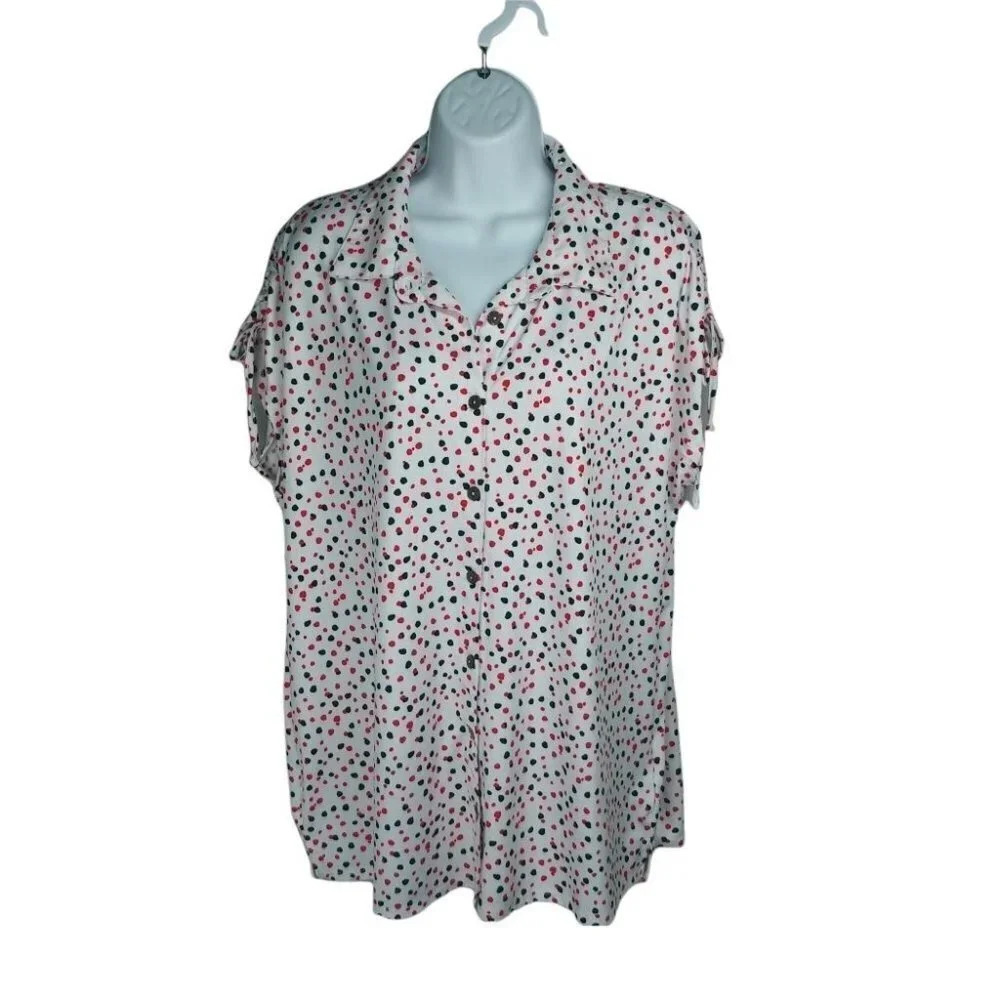 Claire France  Sleeveless Polka Dot Button Down Blouse Orange White Black 14 NWT